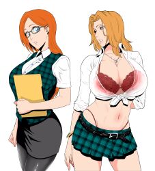 Rule 34 | 2girls, american school uniform, bleach, blue eyes, breasts, cleavage, colorized, female focus, glasses, highres, inoue orihime, iwao178, large breasts, lips, matsumoto rangiku, midriff, mole, mole under mouth, monochrome, multiple girls, navel, orange hair, skirt, third-party edit, transparent background, whale tail (clothing)