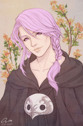Rule 34 | 1boy, absurdres, braid, braided ponytail, final fantasy, final fantasy xiv, hair over shoulder, highres, hythlodaeus, long hair, looking at viewer, mask, mask around neck, onyrica, pink eyes, pink hair, robe, solo, spoilers, upper body