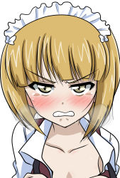 Rule 34 | 1girl, angry, blonde hair, blouse, blunt bangs, blush, breasts, cleavage, clenched teeth, collarbone, cutlass (girls und panzer), embarrassed, female focus, frown, girls und panzer, highres, looking at viewer, maid headdress, shirt, short hair, simple background, solo, tearing up, tears, teeth, upper body, v-shaped eyebrows, vest, waitress, wakku kan, white background, white shirt, yellow eyes