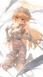 1girl :/ absurdres ahoge bandages blonde_hair blue_archive blush breasts closed_mouth floating frown full_body halo hashtag-only_commentary highres lo-ta long_hair looking_at_viewer mummy_costume navel nose_blush sidelocks simple_background small_breasts solo straight_hair tsurime v-shaped_eyebrows white_background yellow_eyes yellow_halo yoshimi_(blue_archive) yoshimi_(halloween)_(blue_archive)