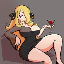 Rule 34 | 1girl, arm rest, artist name, bare legs, black bra, black dress, black footwear, blonde hair, bra, breasts, cleavage, closed mouth, clothing request, cocktail glass, collarbone, creatures (company), cup, cynthia (pokemon), dress, drinking glass, fupoo, game freak, grey background, grey eyes, hair ornament, hair over one eye, hand up, holding, holding cup, large breasts, leg up, legs, long hair, looking at viewer, nintendo, pokemon, pokemon dppt, short dress, sitting, smile, smirk, solo, strapless, strapless dress, taut clothes, taut dress, thick thighs, thighs, twitter username, underwear, watch, wide hips, wide sleeves, wristwatch