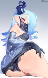 Rule 34 | 1girl, ass, breasts, capelet, covered erect nipples, elbow gloves, gloves, highres, huge ass, jtveemo, licking lips, looking at viewer, looking back, lying, mask, medium breasts, nintendo, octoling, on side, see-through, shiver (splatoon), solo, splatoon (series), splatoon 3, tongue, tongue out, twisted torso