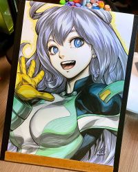 Rule 34 | 1girl, blue eyes, blue hair, boku no hero academia, breasts, hadou nejire, highres, large breasts, long hair, open mouth, smile, stanley lau, traditional media