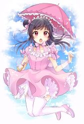 Rule 34 | 1girl, :o, black hair, blue sky, blunt bangs, bow, bowtie, cloud, collarbone, frill trim, frills, hair ribbon, hairband, highres, kazepana, lace, lavender dress, lavender footwear, lavender neckwear, lavender ribbon, lolita fashion, lolita hairband, long hair, looking at viewer, love live!, love live! sunshine!!, open mouth, pink umbrella, red eyes, ribbon, short sleeves, side bun, sky, thighhighs, tsushima yoshiko, umbrella, white thighhighs, wristband