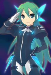 Rule 34 | 1girl, alternate hairstyle, bad id, bad pixiv id, bodysuit, female focus, gloves, green eyes, green hair, hatsune miku, headphones, headset, long hair, matching hair/eyes, otoutogimi, plugin (vocaloid), project diva, project diva (series), salute, smile, solo, vocaloid, white gloves