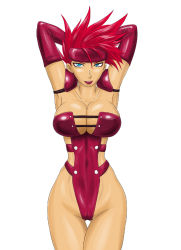 Rule 34 | 1girl, breasts, galaxy fight, juri (galaxy fight), large breasts, lipstick, makeup, ml, red hair, simple background, solo, sunsoft