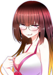 Rule 34 | 1girl, adjusting clothes, black hair, blonde hair, blush, breasts, cleavage, cosplay, dress, embarrassed, fate/grand order, fate (series), from side, glasses, gradient hair, hair between eyes, half-closed eyes, halterneck, highres, hitotose rin, large breasts, long hair, looking at viewer, mash kyrielight, mash kyrielight (cosplay), mash kyrielight (swimsuit of perpetual summer), multicolored hair, official alternate costume, osakabehime (fate), outline, purple eyes, red-framed eyewear, semi-rimless eyewear, simple background, solo, sweatdrop, wavy mouth, white background, white dress