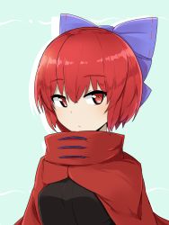 Rule 34 | 1girl, aqua background, black shirt, blue bow, bow, breasts, cape, commentary request, hair between eyes, hair bow, high collar, highres, looking at viewer, medium breasts, red cape, red eyes, red hair, sekibanki, shirt, short hair, silhouette, simple background, solo, touhou, tyouseki, upper body