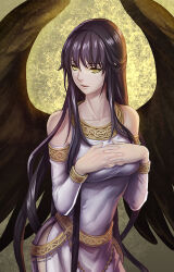Rule 34 | 1girl, armlet, bare shoulders, black wings, breasts, collarbone, detached sleeves, dress, feathered wings, gold, gold belt, hands up, imari, interlocked fingers, long hair, long sleeves, mabinogi, medium breasts, morrighan, open mouth, purple hair, side slit, solo, standing, taut clothes, taut dress, very long hair, white dress, white sleeves, wings, wristlet, yellow eyes