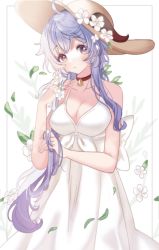 Rule 34 | 1girl, ahoge, bare arms, bare shoulders, bell, blue hair, blush, breasts, cleavage, collarbone, commentary, dress, english commentary, flower, ganyu (autumn pop-up store) (genshin impact), ganyu (genshin impact), genshin impact, halter dress, halterneck, hat, highres, horns, horns through headwear, lili/nadenade, long hair, looking at viewer, medium breasts, neck bell, official alternate costume, parted lips, purple eyes, qingxin flower, sidelocks, sleeveless, sleeveless dress, solo, straw hat, sundress, tareme, white dress, white flower