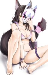 Rule 34 | 1girl, animal ears, barefoot, bikini, blue archive, breasts, brown hair, chaesu, cleavage, closed mouth, fang, fang out, feet, fox ears, fox girl, fox mask, highres, holding, holding mask, large breasts, legs, long hair, looking at viewer, mask, nail polish, navel, purple nails, sitting, skin fang, smile, solo, swimsuit, tail, thigh strap, toenail polish, toenails, toes, very long hair, wakamo (blue archive), yellow eyes