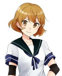 Rule 34 | 10s, 1girl, bad id, bad pixiv id, bandaid, bandaid on face, brown hair, collarbone, elbow pads, kantai collection, oboro (kancolle), pomuta (tama922), remodel (kantai collection), school uniform, serafuku, short hair, short sleeves, simple background, smile, solo, upper body, white background