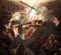 Rule 34 | 4boys, :d, album cover, antonio salieri (fate), antonio salieri (fgo orchestra) (fate), antonio salieri (second ascension) (fate), arm up, conductor baton, blonde hair, blue eyes, blue hair, bow (music), braid, braided ponytail, charles-henri sanson (fate), conductor, cover, curly hair, fangs, fate/grand order, fate (series), formal, glint, grey hair, hair between eyes, hair intakes, half updo, highres, holding instrument, holding violin, instrument, long hair, long sleeves, male focus, multiple boys, music, music stand, official art, open mouth, orchestra, playing instrument, sherlock holmes (fate), sherlock holmes (fgo orchestra) (fate), short hair, single braid, smile, sparkle, sweat, violin