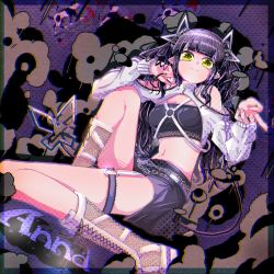 Rule 34 | 1girl, bane mk-2, belt, black hair, black skirt, black tube top, blunt bangs, boots, breasts, chromatic aberration, closed mouth, clothing cutout, commentary request, demon girl, demon horns, demon tail, fishnet footwear, full body, highres, horns, jacket, kojo anna, kojo anna (2nd costume), lace trim, long hair, long sleeves, looking at viewer, loose belt, medium breasts, multicolored hair, nanashi inc., official alternate costume, pencil skirt, pointy ears, purple belt, purple hair, shoulder cutout, shrug (clothing), skirt, smile, solo, strapless, sugar lyric, tail, thigh strap, tube top, twintails, two-tone hair, virtual youtuber, white footwear, white jacket, yellow eyes