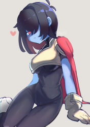 Rule 34 | 1girl, antenna hair, armor, black bodysuit, black hair, blue skin, blush, bodysuit, boots, breasts, cape, closed mouth, colored skin, commentary request, covered navel, deltarune, female frisk (undertale), genderswap, genderswap (mtf), gloves, grey background, hair over one eye, heart, highres, kris (deltarune), looking at viewer, medium breasts, red cape, red eyes, senjochi janai, short hair, simple background, sitting, solo, sweat, twitter username, white footwear