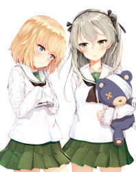 Rule 34 | 10s, 2girls, alternate costume, arm behind back, bandages, blonde hair, blouse, blue eyes, blush, breasts, brown eyes, brown hair, carrying, closed mouth, collarbone, cowboy shot, cross print, eyebrows, fang, fang out, girls und panzer, green skirt, grey eyes, hair between eyes, hair ribbon, hairband, hands in opposite sleeves, head tilt, highres, katyusha (girls und panzer), legs apart, long hair, long sleeves, looking down, looking to the side, matching outfits, miniskirt, multiple girls, ooarai school uniform, pleated skirt, ribbon, school uniform, serafuku, shimada arisu, shirt, short hair, silver hair, simple background, skirt, sleeves past wrists, small breasts, smile, somalisu, stuffed animal, stuffed toy, teddy bear, wavy mouth, white background, white shirt