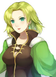 Rule 34 | 1girl, breasts, brown dress, cape, character request, dress, earrings, fire emblem, forehead, green cape, green eyes, green hair, high collar, jewelry, jurge, long hair, looking at viewer, medium breasts, nintendo, parted bangs, parted lips, selena (fire emblem: the sacred stones), simple background, solo, upper body, white background