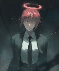 Rule 34 | 1girl, black background, black coat, black necktie, chain, chainsaw man, coat, collared coat, facing viewer, formal, halo, highres, looking at viewer, makima (chainsaw man), necktie, orange eyes, parted lips, qxq illus, red hair, solo, suit, twitter username, upper body