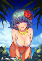 Rule 34 | 1girl, :d, bare shoulders, bead necklace, beads, bent over, bikini, blue hair, blue sky, blush, breasts, bush, cleavage, cloud, cloudy sky, collarbone, commentary, cowboy shot, day, english text, flower, fujoshi kusako, gluteal fold, gradient hair, green hair, hair between eyes, hair flower, hair ornament, hands on own knees, hibiscus, jewelry, large breasts, leaning forward, looking at viewer, mole, mole under eye, multicolored hair, navel, necklace, open mouth, original, outdoors, plant, purple eyes, red flower, short hair, sky, smile, solo, strap gap, swimsuit, teeth, text focus, upper teeth only, white bikini