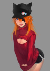 Rule 34 | 1girl, breasts, cleavage, cleavage cutout, clothing cutout, eyepatch, hat, lipe-san, meme attire, neon genesis evangelion, open-chest sweater, rebuild of evangelion, shorts, simple background, small breasts, solo, souryuu asuka langley, sweater
