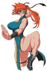 Rule 34 | 1girl, bare shoulders, boku no hero academia, boots, breasts, china dress, chinese clothes, cleavage, covered navel, dress, green eyes, highres, kendou itsuka, large breasts, leg up, leotard, leotard under clothes, looking at viewer, mask, orange hair, partially visible vulva, side ponytail, solo, thigh strap, thighs, vegeta (artist), white background