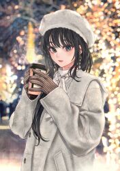 Rule 34 | 1girl, absurdres, beret, black hair, blue eyes, blurry, blurry background, blush, coat, commentary, cup, disposable cup, english commentary, gloves, hair over shoulder, hair ribbon, hat, highres, holding, holding cup, lights, long hair, looking at viewer, outdoors, parted lips, ponkan 8, red lips, red ribbon, ribbon, solo, upper body, white coat, white hat, yahari ore no seishun lovecome wa machigatteiru., yukinoshita yukino