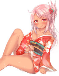 Rule 34 | 1girl, absurdres, bare shoulders, blush, breasts, chloe von einzbern, closed mouth, clothes lift, collarbone, dark-skinned female, dark skin, fate/kaleid liner prisma illya, fate (series), floral print, flower, hair flower, hair ornament, half updo, happy new year, highres, japanese clothes, kimono, knee up, licking lips, long hair, looking at viewer, new year, no panties, obi, orange eyes, orange kimono, pink hair, sash, sidelocks, simple background, sitting, small breasts, smile, solo, swept bangs, thighs, tiguruvurumudo vuorun, tongue, tongue out, white background, wide sleeves