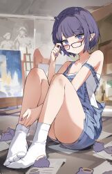 Rule 34 | 1girl, alternate costume, blue eyes, blue shorts, blunt bangs, blush, collarbone, dress, easel, extra ears, feet, full body, glasses, hand on own leg, hand up, highres, hololive, hololive english, indoors, knees up, legs, looking at viewer, nail polish, ninomae ina&#039;nis, no shoes, on ground, orobou, overall shorts, overalls, painting (object), pointy ears, purple hair, purple nails, shadow, shirt, short hair, shorts, sitting, sleeveless, sleeveless shirt, socks, solo, strap slip, strapless, strapless shirt, takodachi (ninomae ina&#039;nis), thighs, toes, virtual youtuber, white shirt, white socks