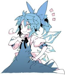 Rule 34 | &gt;:), 1girl, alternate hairstyle, blue dress, blue eyes, blue hair, blush, bow, bowtie, breath, cirno, dress, female focus, hair bow, hand on own hip, hand on own chest, ice, ice wings, matching hair/eyes, morino hon, ponytail, puffy short sleeves, puffy sleeves, short sleeves, simple background, smile, solo, touhou, v-shaped eyebrows, white background, wings