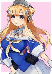 Rule 34 | 1girl, absurdres, blonde hair, blue shirt, blush, breasts, cleavage, double bun, fletcher (kancolle), fletcher mk ii (kancolle), gloves, hair bun, hair ornament, hairband, headphones, highres, kantai collection, large breasts, long hair, neckerchief, off shoulder, pleated skirt, pouch, purple eyes, shirt, sidelocks, simple background, skirt, smile, solo, star (symbol), star hair ornament, toriniku senshi chikinman, two-tone background, white gloves, white skirt, yellow neckerchief