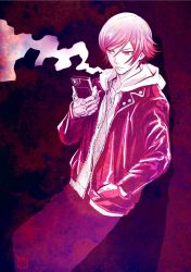 Rule 34 | 1boy, akudama drive, cigarette, collarbone, commentary request, courier (akudama drive), frown, hand in pocket, hand up, holding, hood, hood down, jacket, limited palette, long sleeves, male focus, ogaki rokurou, open clothes, open jacket, pants, phone, pink eyes, pink theme, shiny clothes, short hair, smoke, smoking, solo
