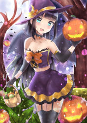 Rule 34 | 1girl, :d, bare shoulders, bare tree, basket, black choker, black gloves, black hair, black thighhighs, blue eyes, blunt bangs, blush, candy, choker, collarbone, commentary, crescent, crescent pin, detached sleeves, english commentary, food, frilled skirt, frills, garter straps, gloves, glowing, halloween, hand up, hat, head tilt, highres, holding, holding basket, jack-o&#039;-lantern, kurosawa dia, lollipop, long hair, long sleeves, looking at viewer, love live!, love live! school idol festival, love live! sunshine!!, midriff, mole, mole under mouth, navel, night, night sky, open mouth, outdoors, purple hat, purple shirt, purple skirt, shirt, sin (sin52y), skirt, sky, smile, solo, strapless, swirl lollipop, thighhighs, tilted headwear, tree, very long hair, witch hat