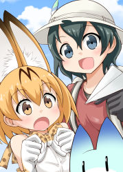 Rule 34 | 10s, 2girls, animal ears, black hair, blonde hair, blue eyes, blue sky, bow, bowtie, bucket hat, clenched hand, cloud, commentary request, day, elbow gloves, gloves, hair between eyes, hat, hat feather, highres, kaban (kemono friends), kemono friends, looking at viewer, lucky beast (kemono friends), multiple girls, open mouth, red shirt, serval (kemono friends), serval print, shirt, short sleeves, sky, sleeveless, sleeveless shirt, smile, surprised, t-shirt, upper body, white shirt, yamato nadeshiko, yellow eyes
