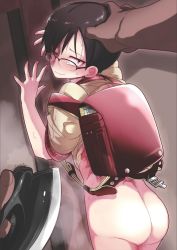 Rule 34 | 1boy, ass, backpack, bag, black hair, book, bottomless, clothes iron, cowboy shot, dark-skinned male, dark skin, glasses, highres, holding, looking at viewer, looking back, male hand, one eye closed, original, pov, randoseru, scan, solo focus, sweat, tears, tsukusun