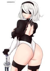 Rule 34 | 2b (nier:automata), absurdres, ass, ass focus, breasts, covered eyes, gummslime, has bad revision, has downscaled revision, highres, huge breasts, large breasts, md5 mismatch, nier:automata, nier (series), resolution mismatch, self-upload, simple background, solo, source smaller, thighs, white background
