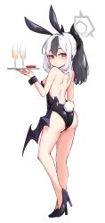 Rule 34 | 1girl, animal ears, ass, black footwear, black hair, black leotard, blue archive, blush, breaaad, breasts, bright pupils, brown eyes, closed mouth, commentary, contrapposto, cup, drinking glass, english commentary, full body, halo, high heels, highres, holding, holding tray, horns, kayoko (blue archive), leotard, looking at viewer, low wings, medium hair, mixed-language commentary, playboy bunny, ponytail, rabbit ears, rabbit tail, simple background, small breasts, solo, tail, tray, white background, white hair, white pupils, wine glass, wings