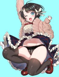 Rule 34 | 1girl, ;d, aran sweater, black hair, black panties, black thighhighs, blue background, blue eyes, blush, cable knit, cameltoe, clothes lift, frilled shirt, frills, hair ribbon, hanasaki mahiru, highres, hololive, jacket, kneeling, looking at viewer, mary janes, navel, on one knee, one eye closed, oozora subaru, oozora subaru (casual), open mouth, panties, ribbon, shirt, shoes, short hair, simple background, skirt, skirt lift, sleeves past wrists, smile, solo, sweater, thighhighs, underwear, virtual youtuber