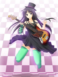 Rule 34 | 00s, 1girl, akiyama mio, arm warmers, bare shoulders, bass guitar, black eyes, black hair, don&#039;t say &quot;lazy&quot;, dress, female focus, full body, guitar, hat, highres, instrument, k-on!, long hair, solo, takepon, thighhighs, top hat