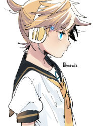 Rule 34 | 1boy, blonde hair, blue eyes, english text, expressionless, glowing, glowing eyes, headset, kagamine len, kouhara yuyu, looking away, male focus, necktie, profile, puffy short sleeves, puffy sleeves, shirt, short hair, short sleeves, simple background, solo, standing, text focus, upper body, vocaloid, white background, white shirt, yellow necktie
