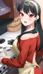 Rule 34 | 1girl, :d, absurdres, apron, back cutout, bad id, bad pixiv id, black hair, blush, breasts, clothing cutout, coffee, cup, from side, hair down, hairband, highres, holding, holding tray, kitchen, large breasts, lens flare, long hair, looking at viewer, mug, off-shoulder sweater, off shoulder, open mouth, red eyes, red sweater, smile, solo, spy x family, steam, stove, straight hair, sweater, teeth, totoki86, tray, upper body, upper teeth only, white hairband, yor briar