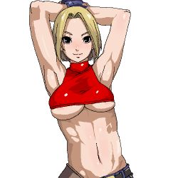 Rule 34 | 1girl, abs, armpits, arms behind head, arms up, belt, blonde hair, blue mary, breasts, chiisan, fatal fury, looking at viewer, lowres, medium breasts, midriff, muscular, navel, no bra, short hair, simple background, snk, solo, the king of fighters, toned, underboob, upper body, white background