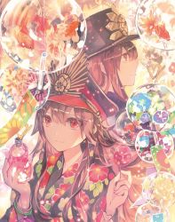 Rule 34 | 1boy, 1girl, black kimono, blue flower, bracelet, brother and sister, brown hair, candy apple, closed mouth, commentary request, crazy straw, dot nose, drinking straw, fate/grand order, fate (series), fish, floating hair, floral print, flower, food, goldfish, hair between eyes, haori, hat, highres, holding, japanese clothes, jewelry, kimono, long hair, long sleeves, looking at viewer, obi, oda nobukatsu (fate), oda nobunaga (fate), oda nobunaga (koha-ace), peaked cap, profile, red eyes, rioka (southern blue sky), sash, siblings, smile, wide sleeves, wind chime