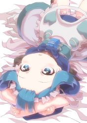 Rule 34 | 1boy, apron, arms up, blue capelet, blue eyes, blue hair, blush, capelet, child, dress, frills, highres, lying, made in abyss, maid headdress, male focus, maruruk, on back, on bed, open mouth, solo, trap, whistle, ximu shilang