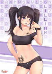 Rule 34 | 1girl, bare shoulders, black hair, bracelet, breast tattoo, breasts, cleavage, commentary, denim, denim shorts, goth fashion, hand on own hip, hunie (series), huniepop 2, jewelry, kopianget, lillian aurawell, long hair, looking at viewer, medium breasts, midriff, navel, parted lips, purple eyes, short shorts, shorts, solo, spiked bracelet, spikes, standing, stomach, stomach tattoo, tattoo, twintails
