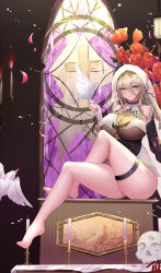 Rule 34 | 1girl, absurdres, aponia (honkai impact), bare shoulders, barefoot, bird, bird on hand, black pantyhose, blonde hair, blue eyes, breasts, candle, cleavage, closed mouth, covered collarbone, cross, crossed legs, dove, dress, falling petals, flower, habit, hair between eyes, hair flower, hair ornament, highres, honkai (series), honkai impact 3rd, huge breasts, legs, nanoda002 (saber427), nun, orange flower, pantyhose, petals, pink petals, see-through, see-through cleavage, sitting, skull, sleeveless, sleeveless dress, smile, solo, stained glass, thigh strap, white flower