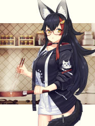 Rule 34 | 1girl, animal ears, black hair, cooking, frying pan, hair ornament, highres, hololive, long hair, no panties, ookami mio, ookami mio (casual), oshiruko (oshiruco 212048), smile, solo, solo focus, tail, tail wrap, very long hair, virtual youtuber, wolf ears, wolf girl, wolf tail, yellow eyes