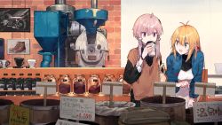 Rule 34 | 2girls, ahoge, antenna hair, bag, barrel, black shirt, blonde hair, blue jacket, brown sweater, coffee beans, coffee cup, coffee grinder, commentary, crank, cup, disposable cup, drinking, green eyes, hair tubes, hand on own thigh, highres, hitogome, holding, holding cup, indoors, jacket, jar, leaning forward, long hair, looking at another, machine, multiple girls, open mouth, pointing, purple eyes, purple hair, shirt, shoes, shop, shoulder bag, sidelocks, sign, smile, standing, sweater, tsurumaki maki, vocaloid, voiceroid, white shirt