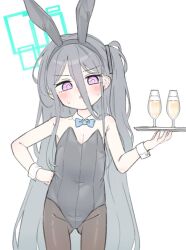 Rule 34 | &lt;key&gt; (blue archive), 1girl, alternate costume, animal ears, aqua halo, aris (blue archive), bare arms, bare shoulders, black hair, black leotard, black pantyhose, blue archive, blue bow, blue bowtie, blush, bow, bowtie, breasts, champagne flute, cleavage, commentary, covered navel, cowboy shot, cup, detached collar, drink, drinking glass, fake animal ears, green halo, groin, hair between eyes, hair over shoulder, halo, hand on own hip, highleg, highleg leotard, holding, holding tray, jokebag, leotard, long hair, looking at viewer, one side up, pantyhose, parted lips, pink eyes, playboy bunny, rabbit ears, rectangular halo, simple background, small breasts, solo, strapless, strapless leotard, tray, very long hair, white background, wrist cuffs