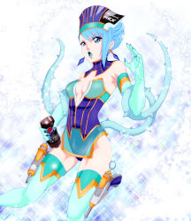 Rule 34 | 10s, 1girl, bad id, bad pixiv id, bare shoulders, blue eyes, blue hair, blue rose (tiger &amp; bunny), boots, breasts, cleavage, earrings, elbow gloves, female focus, gloves, gradient background, gun, hat, infinote, jewelry, karina lyle, lipstick, makeup, matching hair/eyes, pepsi nex, product placement, short hair, small breasts, solo, superhero costume, thigh boots, thighhighs, tiger &amp; bunny, weapon, white background