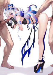 Rule 34 | 1girl, 2boys, amane kanata, amane kanata (another world), angel wings, bent over, black collar, black gloves, blue hair, censored, clothed female nude male, clothed sex, collar, colored inner hair, dark-skinned male, dark skin, fallen angel, feathered wings, flat chest, gloves, gradient wings, grey hair, group sex, hair between eyes, hair bun, halo, hetero, high heels, highres, hololive, inukai mofu, leaning forward, long hair, male pubic hair, mmf threesome, mosaic censoring, multicolored hair, multicolored wings, multiple boys, nude, official alternate costume, open mouth, penis, pubic hair, purple eyes, purple hair, sex, sex from behind, single hair intake, solo focus, standing, standing sex, star halo, testicles, threesome, vaginal, virtual youtuber, white background, wings
